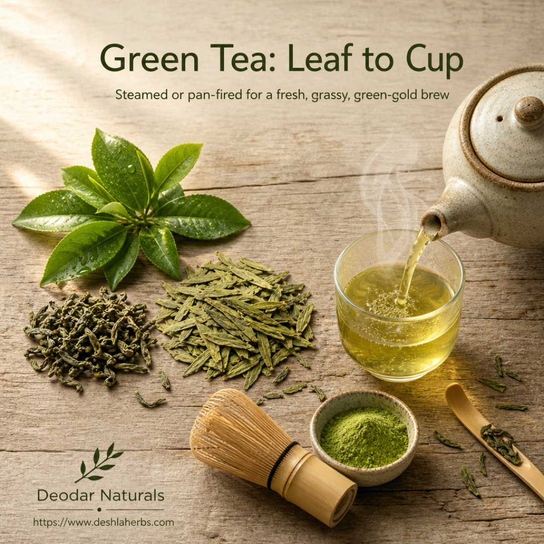 Overhead natural-light photo of fresh Camellia sinensis tea leaves, a bamboo whisk with matcha powder, loose sencha and Longjing leaves, and a glass cup of light green-gold tea on a rustic wooden table, with the Deodar Naturals logo and website.