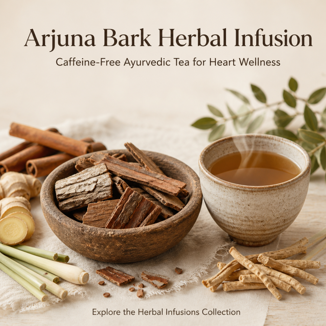 Natural flat-lay of Arjuna bark herbal tea with wooden bowl of bark pieces, loose tea, and a ceramic cup, representing the Herbal Infusions collection.