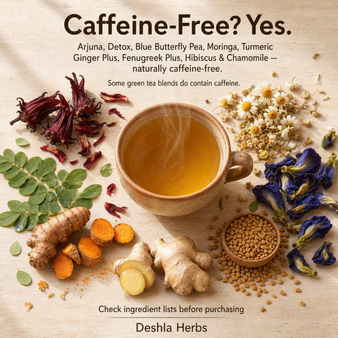Flat lay of herbal tea ingredients including dried hibiscus, chamomile flowers, blue butterfly pea petals, moringa leaves, and ginger root arranged around a cup of herbal infusion, with text explaining Deshla Herbs caffeine-free collection.