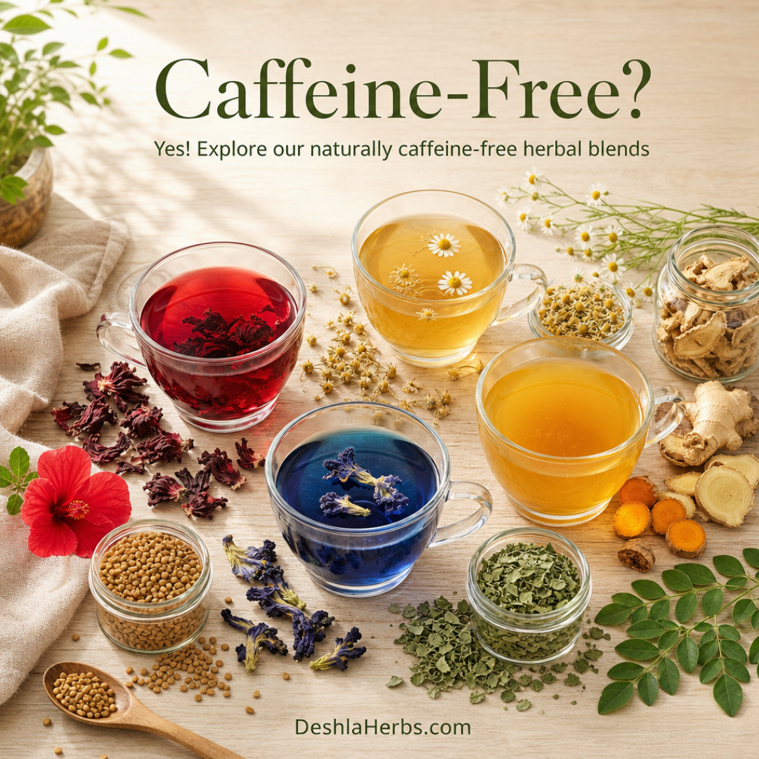 Flat lay of Deshla Herbs caffeine-free herbal infusions including hibiscus, chamomile, and blue butterfly pea tea with dried herbs on a natural wooden surface