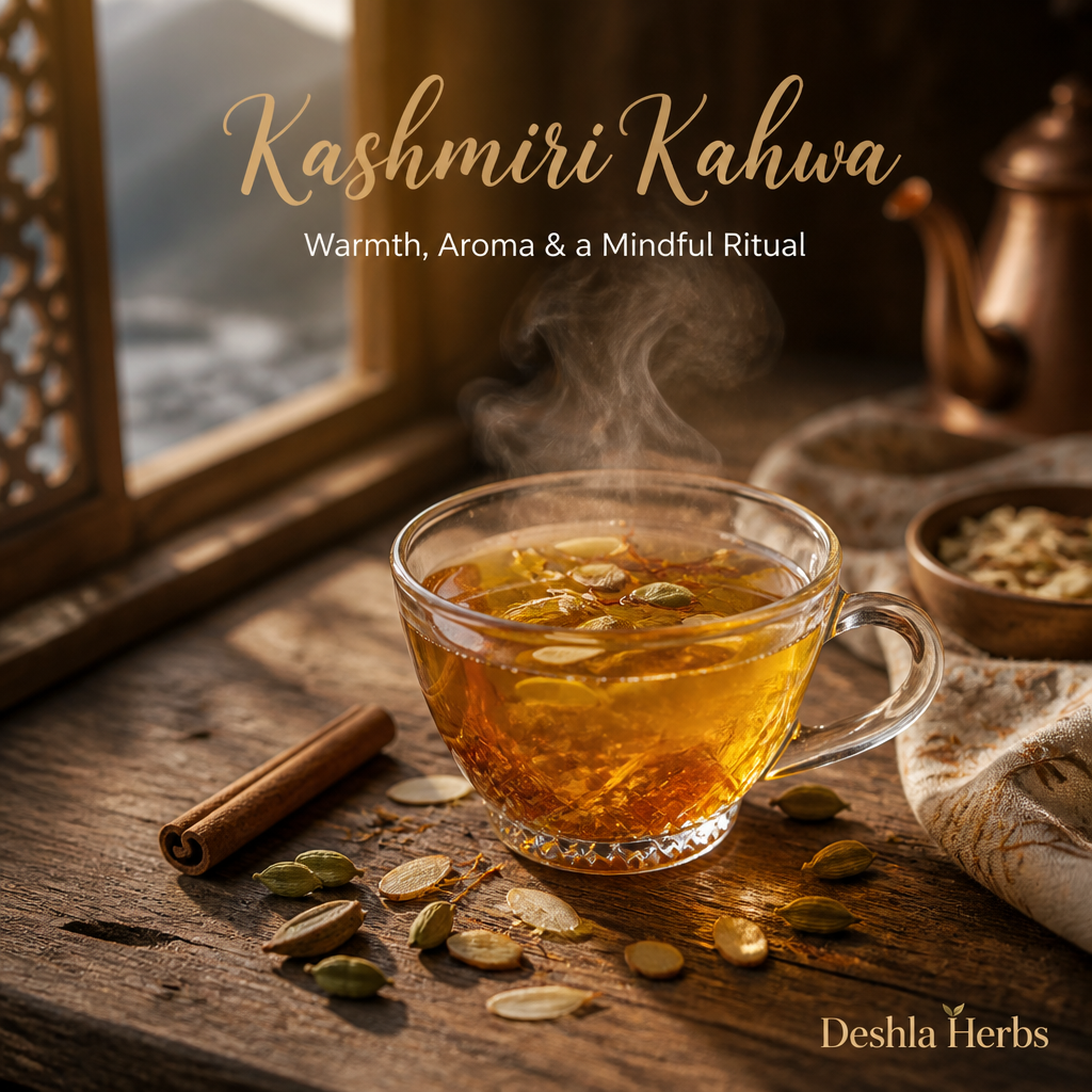 A glass cup of golden Kashmiri Kahwa tea with visible spices, steam rising, set on a wooden table in warm light, with Deshla Herbs branding.