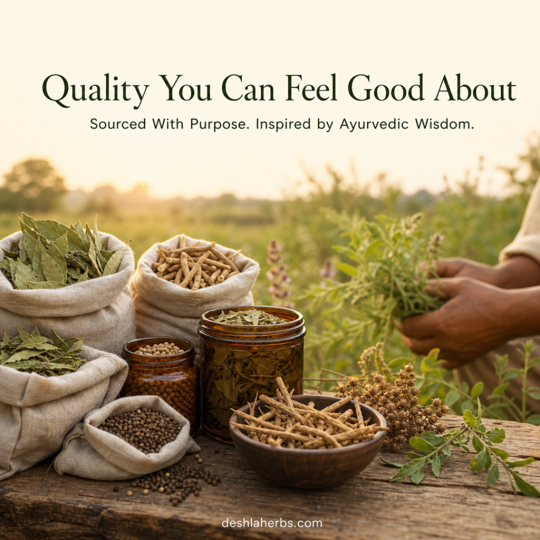 Natural flat-lay of dried herbs, botanicals, and farmer hands in an Indian field, representing Deshla Herbs' transparent sourcing and quality process
