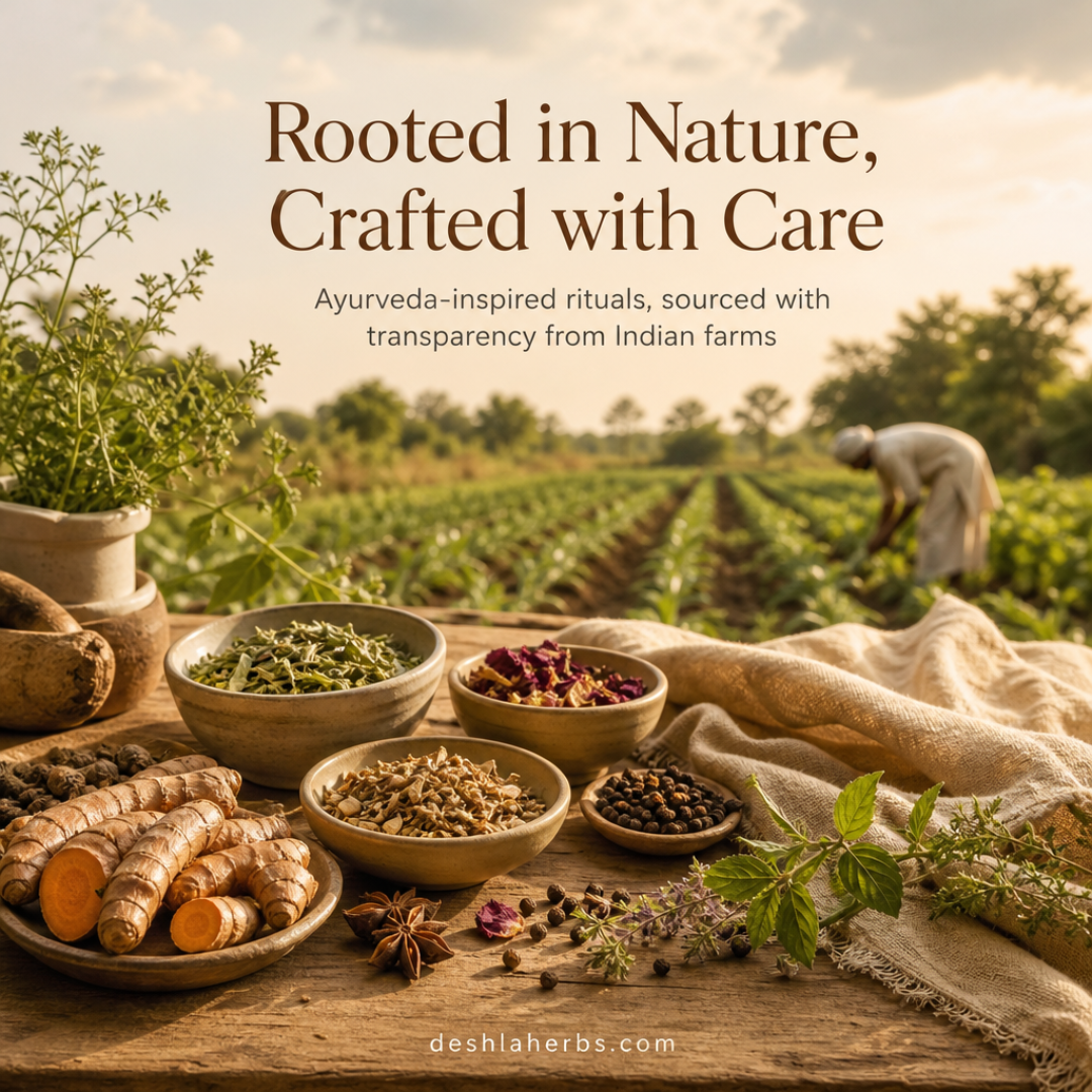 Natural herbal ingredients and dried botanicals arranged on a wooden surface with Indian farmland in soft focus background, representing Deshla Herbs' Ayurveda-inspired, farm-sourced wellness philosophy