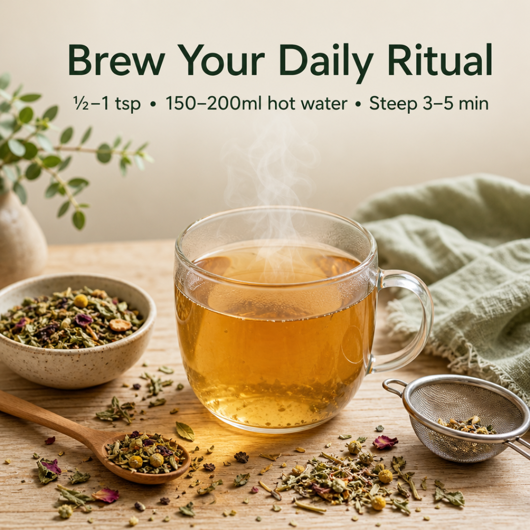 Overhead shot of loose herbal detox tea being measured with a teaspoon beside a glass mug of steeping herbal infusion, with steam rising, on a natural wooden table.