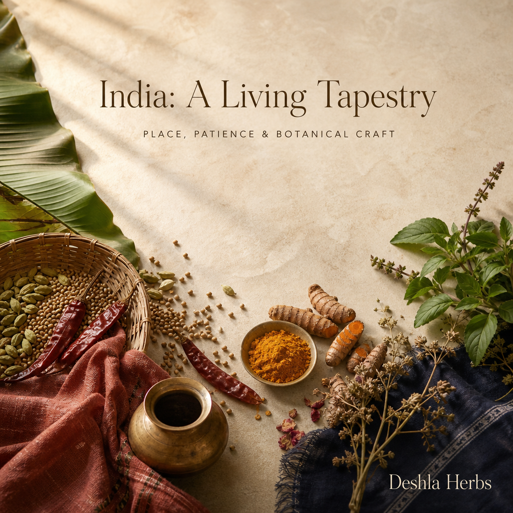 Editorial flat-lay image inspired by India's botanical heritage, featuring dried herbs, spices, earthy clay vessels, and natural dye textiles arranged in warm earth tones, representing Deshla Herbs' tribute to place and craft.