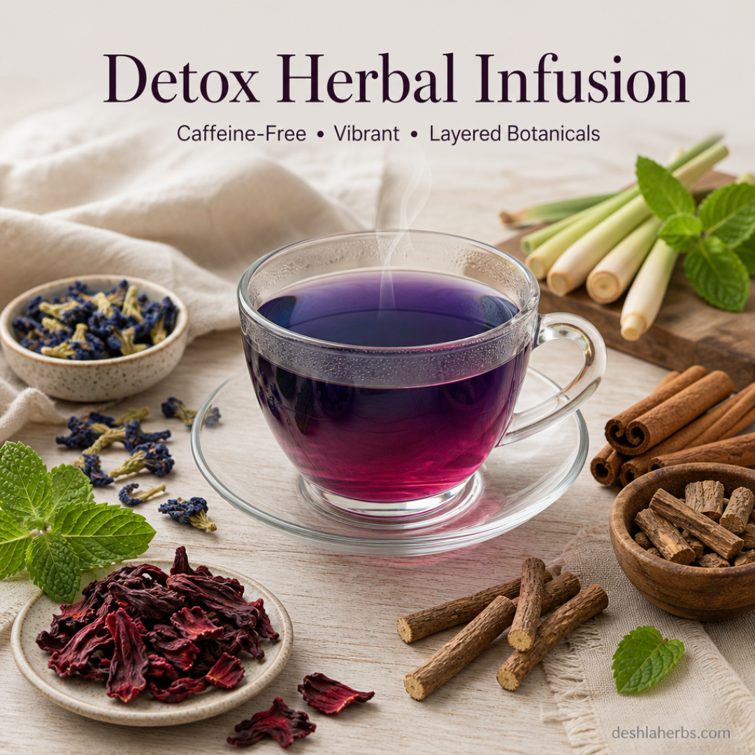 A vibrant blue-purple herbal tea in a clear glass cup surrounded by butterfly pea flowers, hibiscus, mint leaves, lemongrass, and cinnamon sticks, with text overlay reading Detox Herbal Infusion.