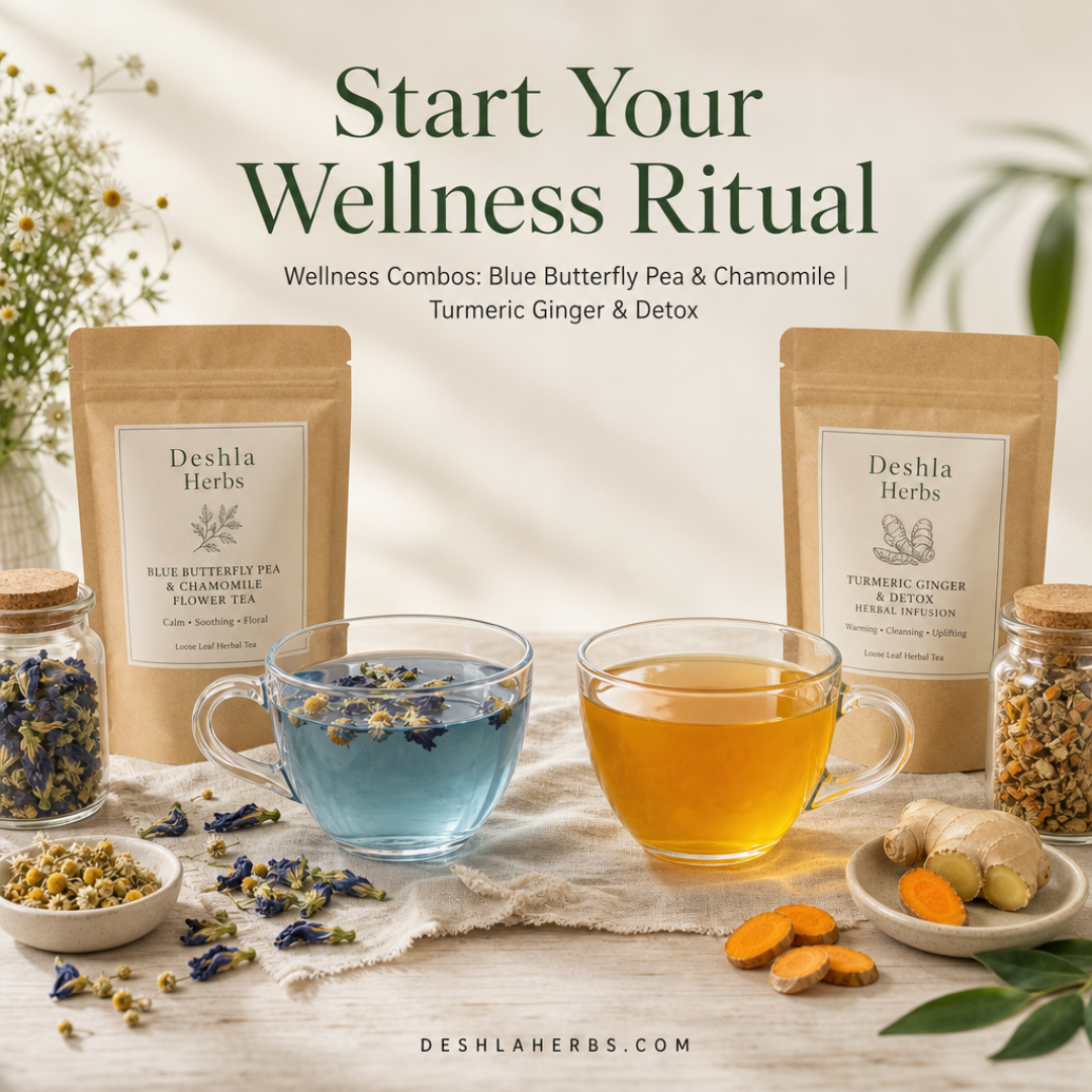 Flat-lay of two Deshla Herbs wellness combo teas, one with blue butterfly pea and chamomile flowers, the other with turmeric and ginger herbal infusion, styled naturally with loose herbs and a wooden spoon on a light linen background.