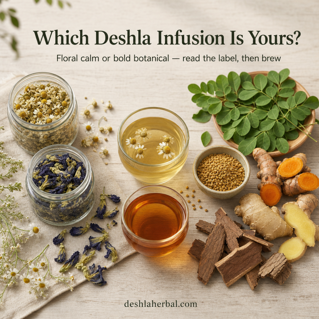 Flat lay of Deshla herbal infusions showing dried chamomile flowers and blue butterfly pea blossoms next to jars of moringa leaf, turmeric ginger, fenugreek seeds, and arjuna bark, styled on a natural linen surface with soft daylight.