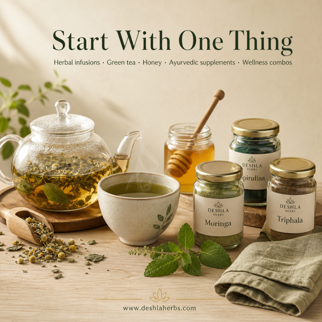 Flat-lay of natural wellness products from Deshla Herbs including herbal tea, green tea, honey jar, and Ayurvedic supplement jars arranged on a wooden surface with soft natural light.