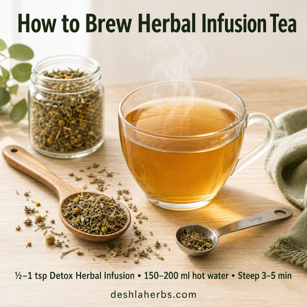 Step-by-step visual guide showing herbal tea leaves being added to a glass cup of hot water for Deshla Herbs Detox Herbal Infusion, with steeping time displayed.