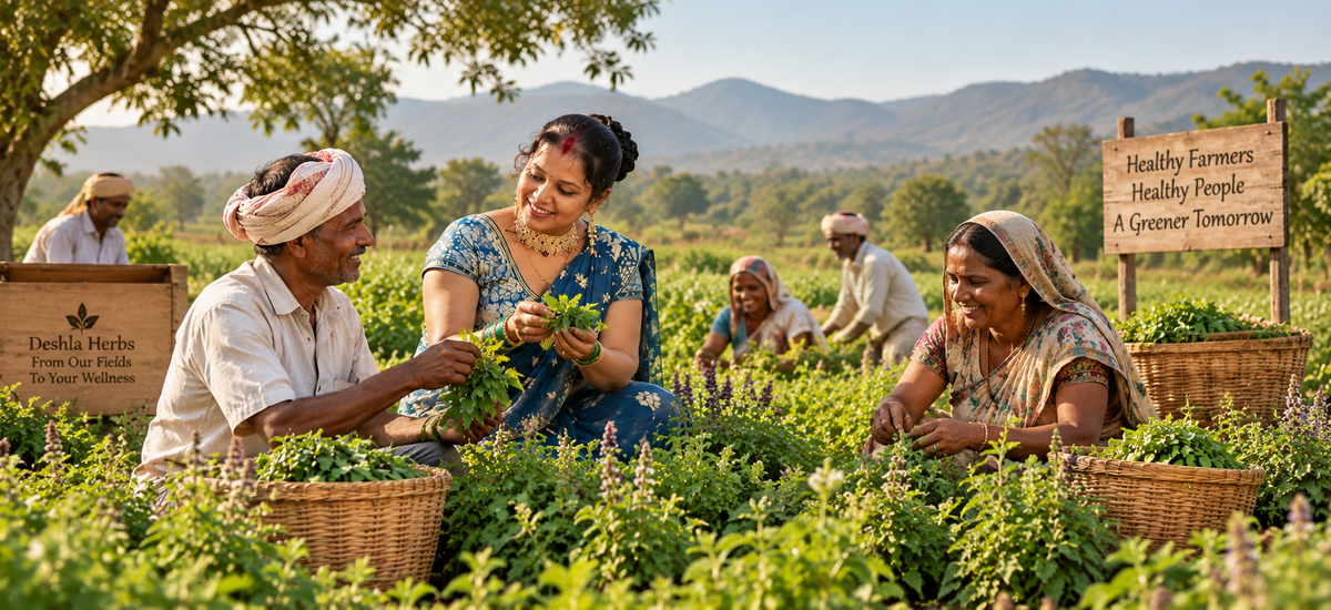A group of farmers harvest green tea leaves in a lush outdoor plantation. In the foreground, a woman in a blue patterned dress holds a basket of green leaves while seated beside men and other workers.