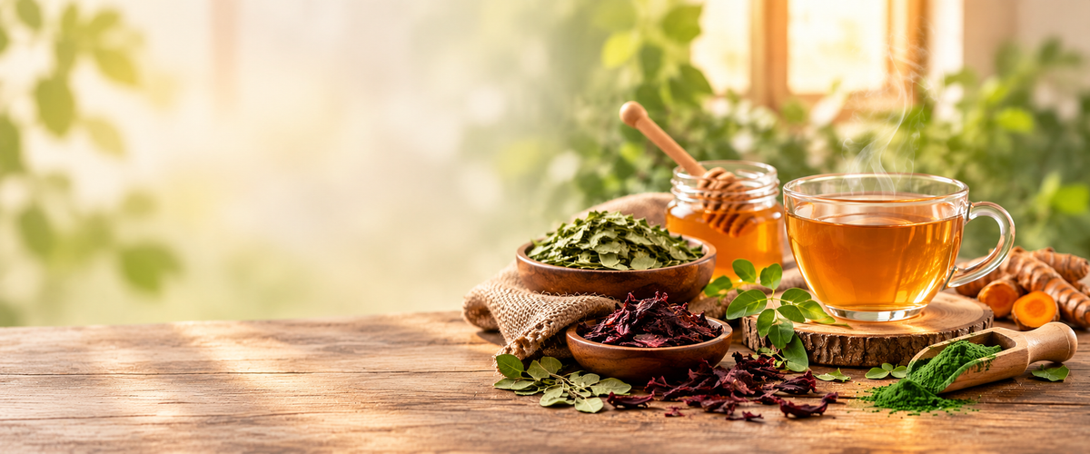 A glass mug filled with amber tea sits on a wooden table beside bowls of loose herbal ingredients, a honey dipper, and fresh mint, with a softly blurred green outdoor background and warm sunlight.