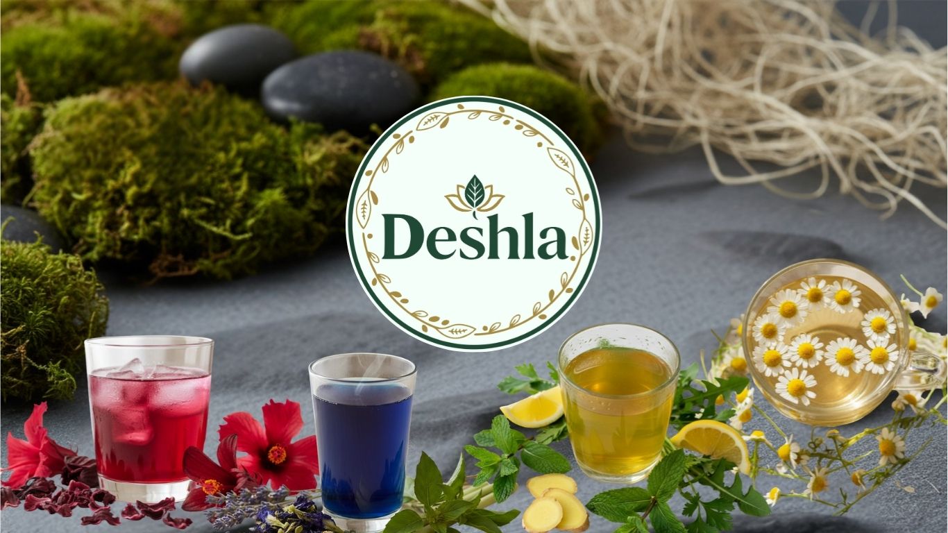 Deshla brand logo with various drinks and natural elements on a dark surface.