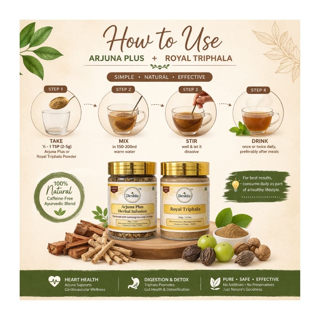 Arjuna Plus and Royal Triphala combo herbal powder for heart health and digestion by Deshla Herbs