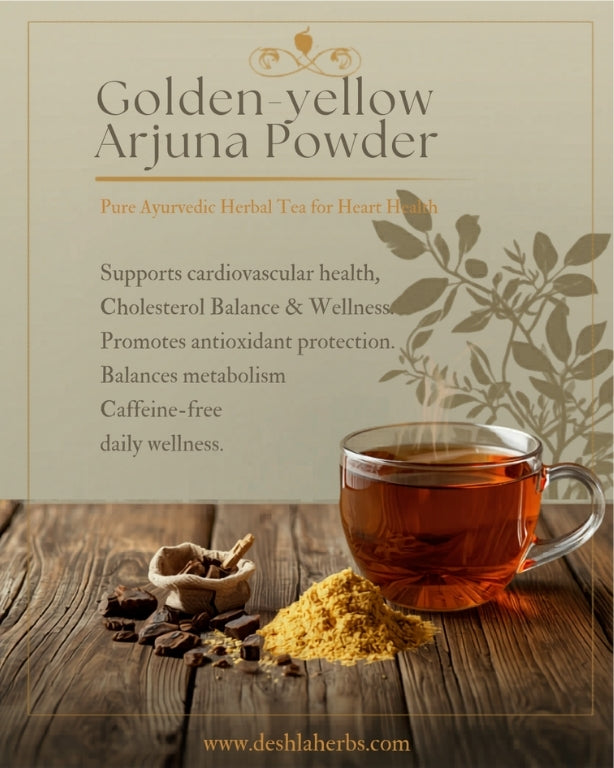 Advertisement for Golden-yellow Arjuna Powder with a cup of tea and powder on a wooden surface.