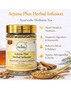 Deshla Arjuna Plus Herbal Infusion jar with ingredients and benefits listed on a white background