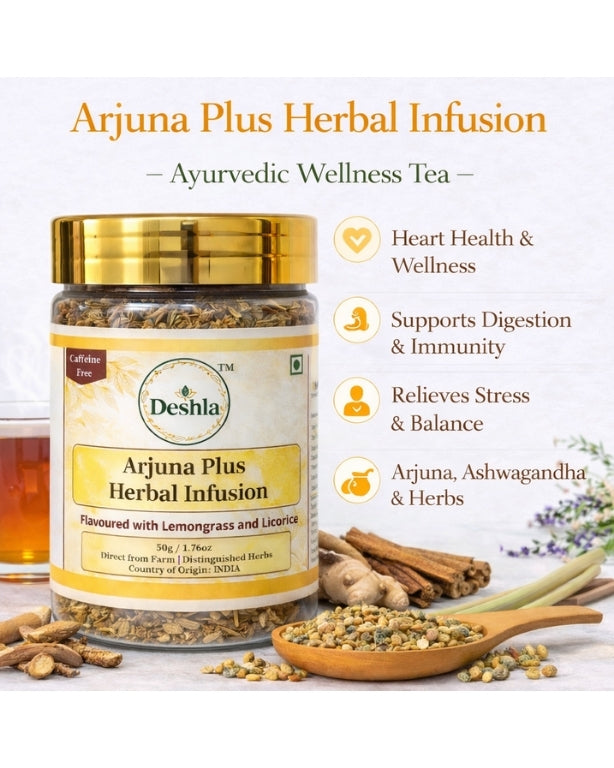 Deshla Arjuna Plus Herbal Infusion jar with ingredients and benefits listed on a white background