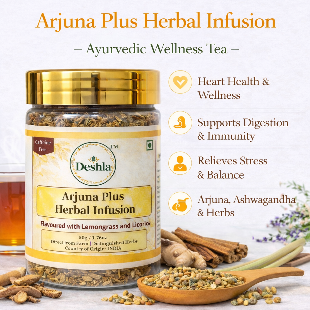 Arjuna herbal tea with ashwagandha, ginger, cinnamon and lemongrass, Ayurvedic infusion for wellness