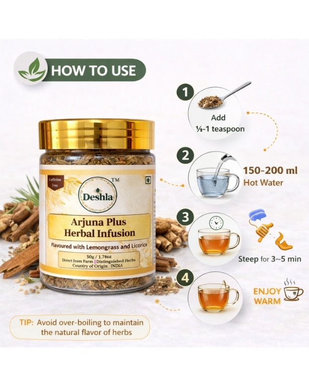 Deshla Arjuna Plus Herbal Infusion packaging with usage instructions on a white background
