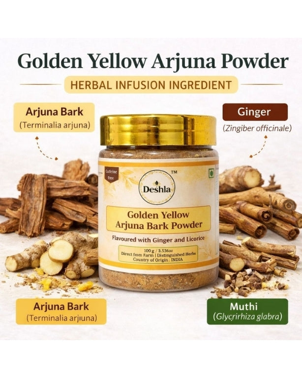 Deshla Golden Yellow Arjuna Powder jar with ingredients on a white background
