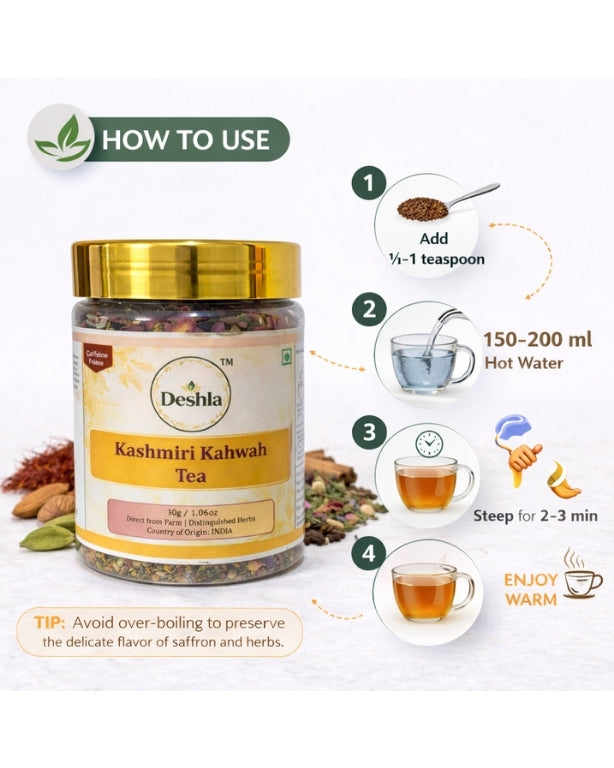 Deshta Kashmiri Kahwah Tea packaging with usage instructions on a white background