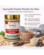 Deshla Ayurvedic Protein Powder for Men with packaging, a glass of powder, and ingredients on a white background.