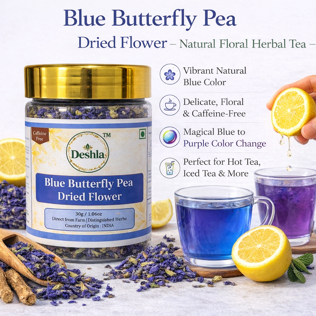 Dried butterfly pea flowers with blue tea and color changing purple effect with lemon