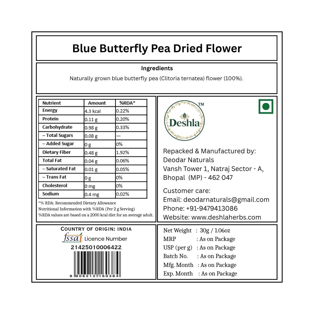 Label for Blue Butterfly Pea Dried Flower with nutritional information and Deshla branding.