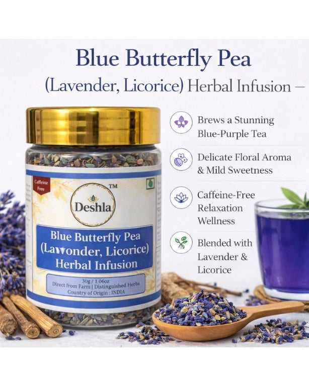 Deshla Blue Butterfly Pea Herbal Infusion packaging with ingredients and benefits listed.