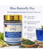 Deshla Blue Butterfly Pea Herbal Infusion packaging with ingredients and a glass of blue tea.