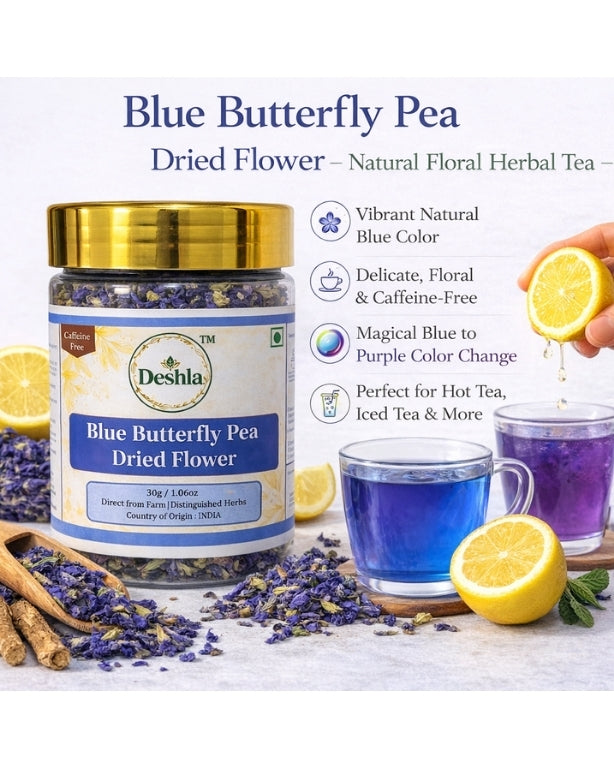 Deshila Blue Butterfly Pea Dried Flower packaging with tea cups and lemons on a white background