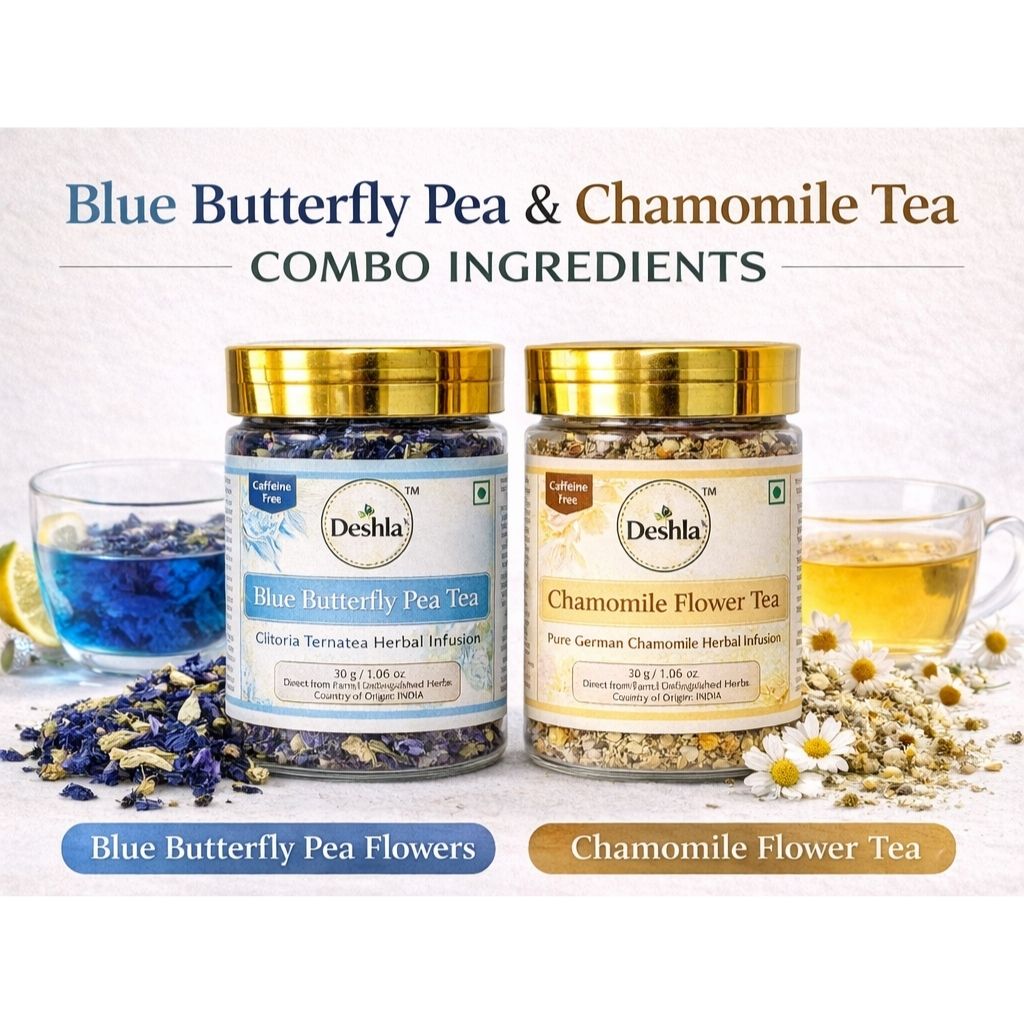 Blue butterfly pea flowers and chamomile flowers herbal tea combo ingredients on white background