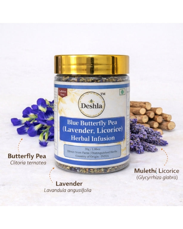 Deshla Blue Butterfly Pea Herbal Infusion jar with lavender and licorice roots on a white background