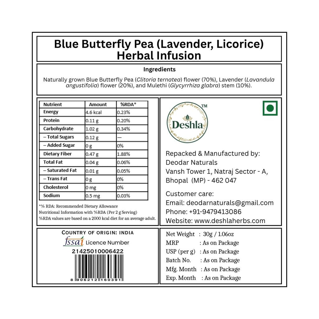 Label for Blue Butterfly Pea Herbal Infusion with Deshla branding