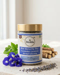 Deshla Blue Butterfly Pea Herbal Infusion jar with lavender and licorice roots on a light background
