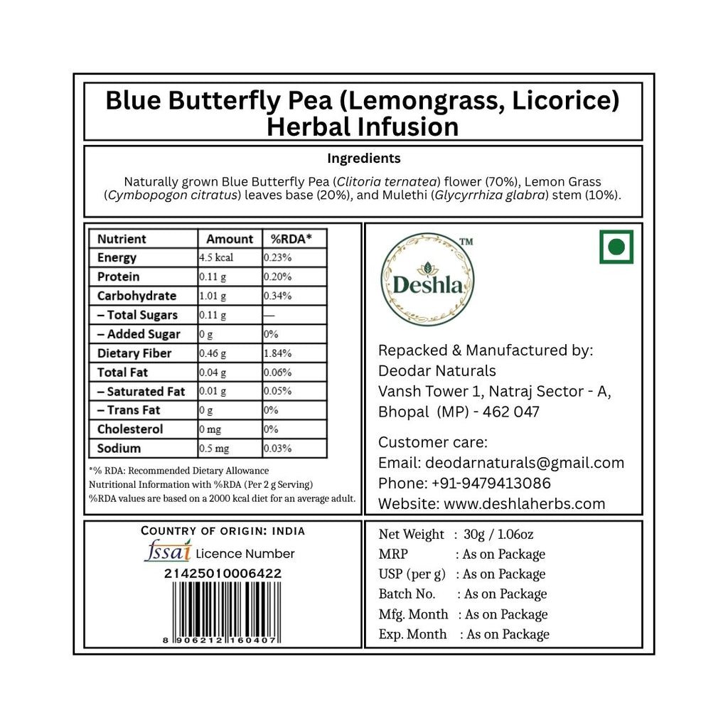 Label of Blue Butterfly Pea Herbal Infusion with nutritional information and branding details.