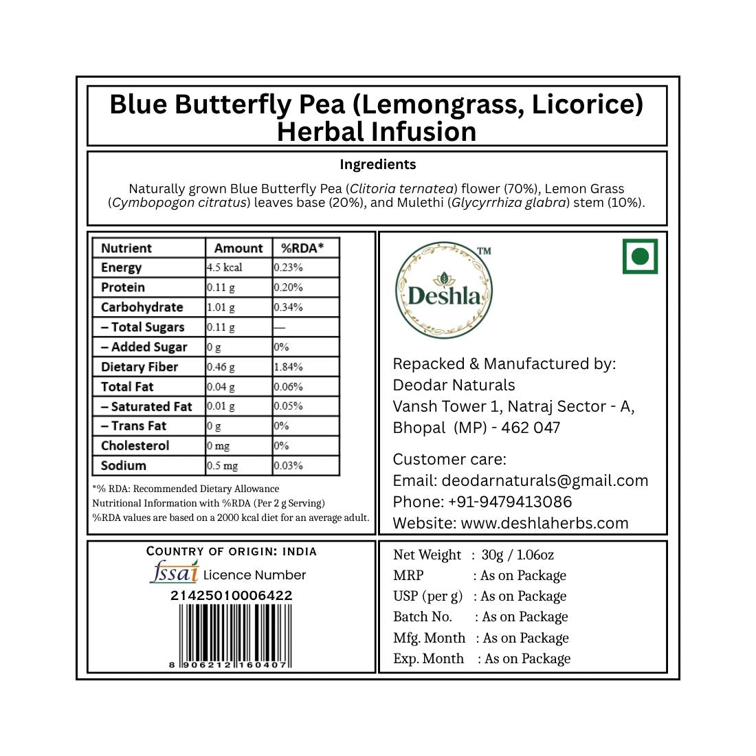 Label of Blue Butterfly Pea Herbal Infusion with nutritional information and branding details.