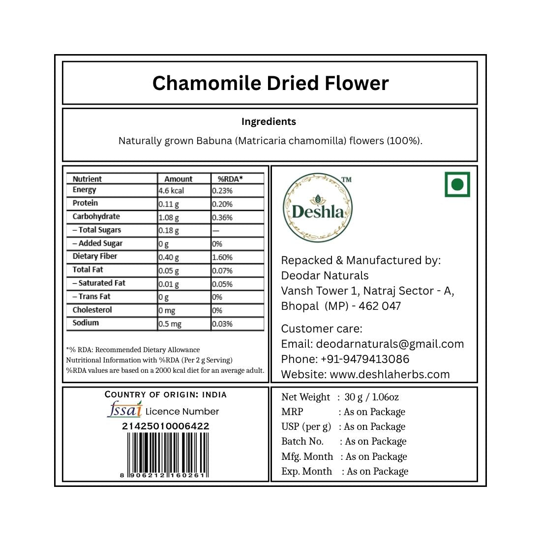 Label for Chamomile Dried Flower packaging with nutritional information and Deshla branding.