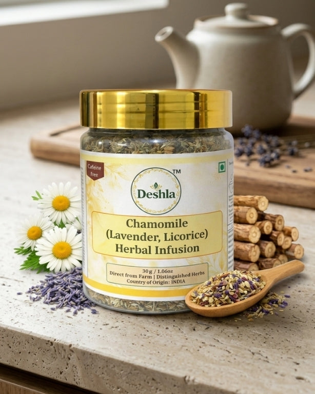 Herbal infusion jar with chamomile, lavender, and licorice on a wooden surface.