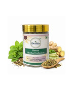 Detox herbal infusion jar with mint leaves, ginger, and a wooden spoon on a white background