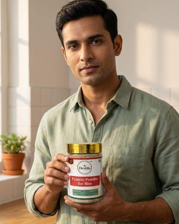 Man holding a protein powder container in a bright room