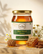 Jar of Deshla Raw Forest Honey with honeycomb and flowers on a wooden surface