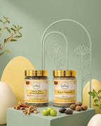 Two jars of herbal products on a decorative stand with greenery and eggs in the background.