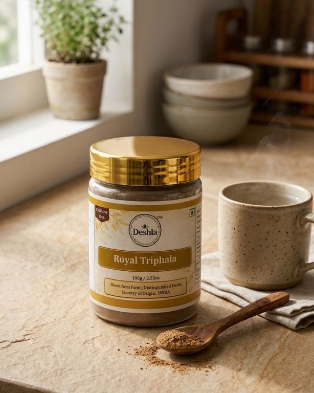 Deshla Royal Triphala jar on a table with a cup and spoon in a home setting