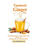 Turmeric Ginger Plus tea with a glass of tea, cinnamon sticks, and turmeric roots on a white background.
