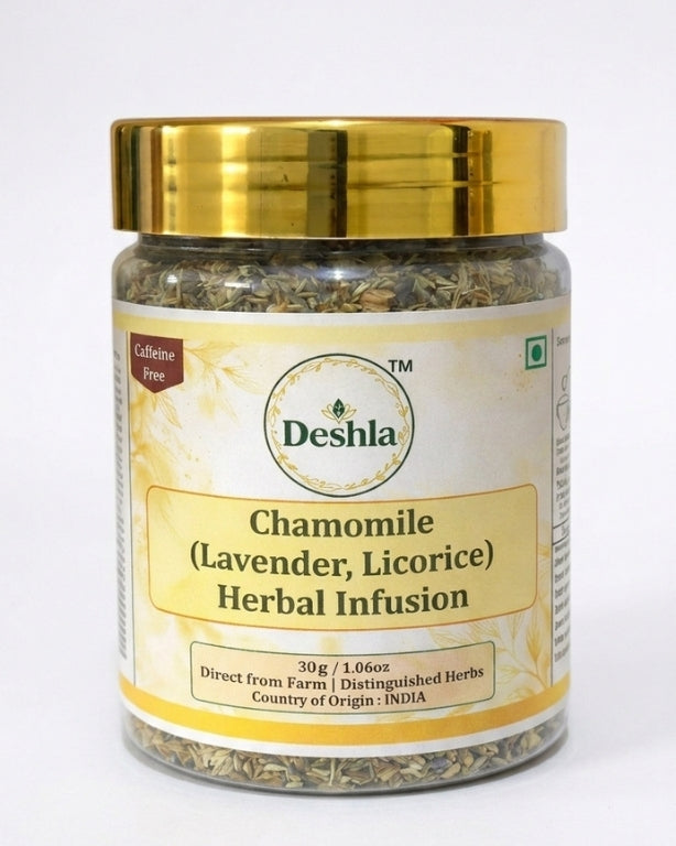 Jar of Chamomile (Lavender, Licorice) Herbal Infusion by Deshla on a white background