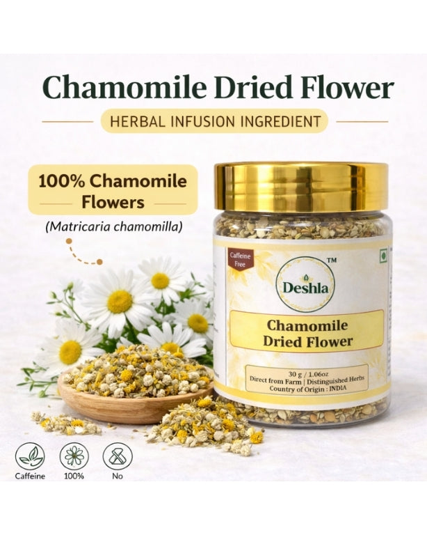 Deshla Chamomile Dried Flower packaging with chamomile flowers and a gold lid on a white background.