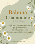 Advertisement for Babuna Chamomile dried flower with floral design on a light green background