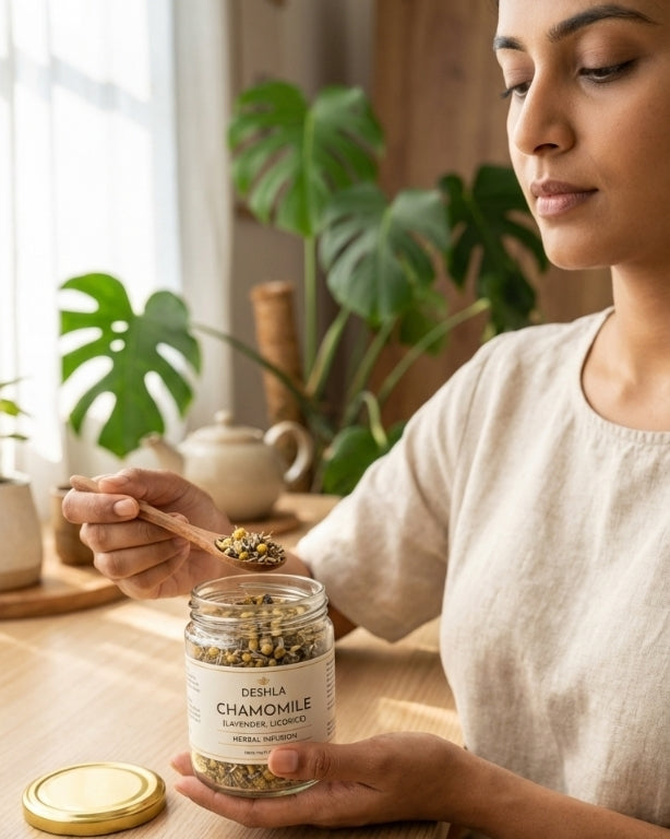 Woman holding a jar of chamomile tea with a spoonful of tea leaves, surrounded by plants.