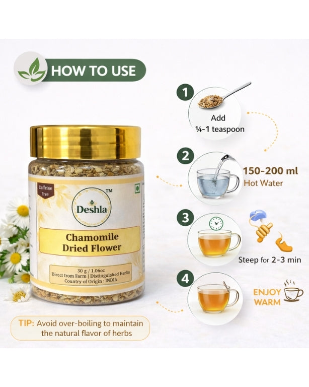 Deshla Chamomile Dried Flower packaging with usage instructions on a white background